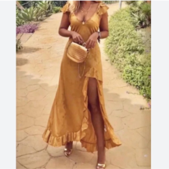 Zara Jacquard Ruffle Yellow Gold Maxi Dress S - Picture 2 of 2